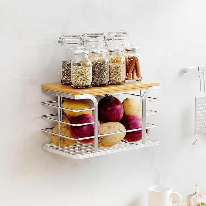 Trash Bag Holder with Bamboo Top, Wall Mount 304 Stainless Steel Garbage Bag Dispenser,Stackable Storage for Kitchen Laundry Organization,Silver Small