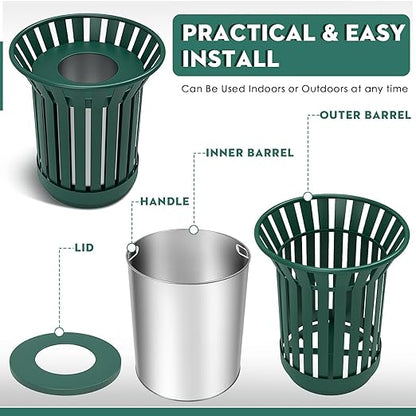 16 Gallon Round Large Outdoor Trash Can, Heavy Duty Metal Slatted Garbage Can Outdoor, All Weather Resistant Commercial Garbage Cans, Waste Receptacle in Park, School, Beach, Patio (Green, Large)