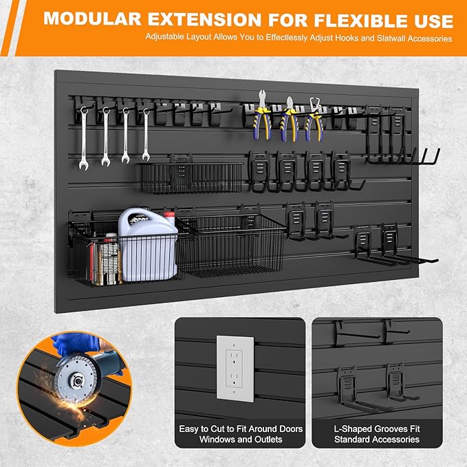 DoCred Slatwall Paneling Organizer, 4x2 FT PVC Garage Slat Wall Storage Systems, Heavy Duty Mounted Slat Peg Board for Tool Organization Ladder Bike Includes 27 PCS Hooks Accessories Kit (Black)
