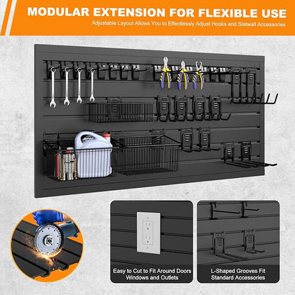 DoCred Slatwall Paneling Organizer, 4x2 FT PVC Garage Slat Wall Storage Systems, Heavy Duty Mounted Slat Peg Board for Tool Organization Ladder Bike Rack (Black)
