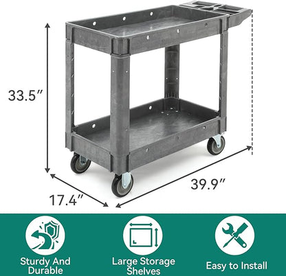 YITAHOME Utility Cart on Wheels, 550 lbs Capacity Service Cart, 40 x 17 Inch Rolling Work Carts, 2 Shelf Heavy Duty Plastic Cart Suitable for Warehouse, Garage, School & Office, Cleaning, Gray