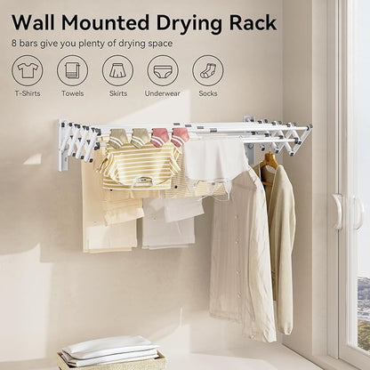 APEXCHASER Wall Mounted Clothes Drying Rack, Laundry Drying Rack Retractable, Towel Racks Wall Mounted for Bathroom Balcony Laundry Room Indoor, Foldable Accordion Dryer Rack for Clothing, White