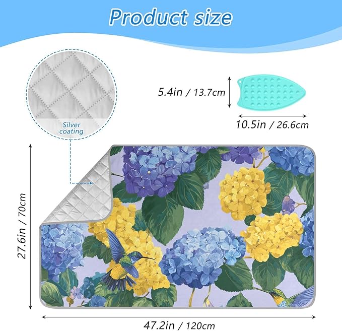Ironing Mat Portable Ironing Pad Ironing Blanket for Table Top Heat Resistance Double-Side Using Travel Large 47.2 x 27.6 Inch Foldable Lightweight Blue Hydrangeas Hummingbirds