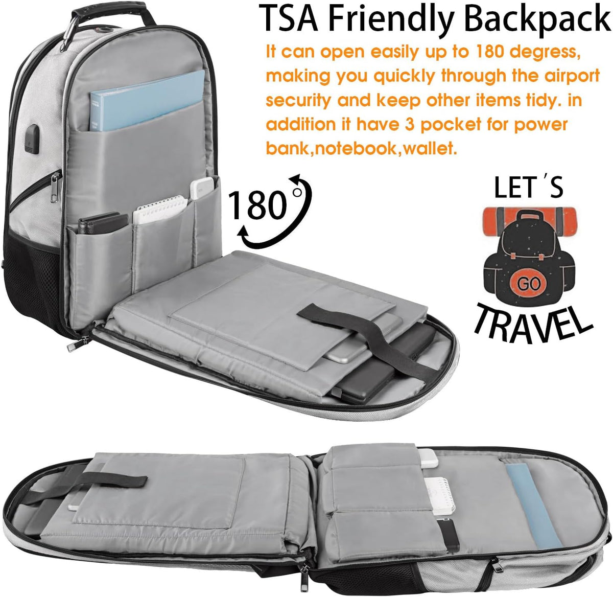 LTINVECK Extra Large 50L Travel Laptop Backpack, Computer bag Backbag with USB Charging Port, TSA Friendly Durable Big RFID Heavy Duty Business Tech Backpack Fits 17 Inch Laptops for Men Women, Grey