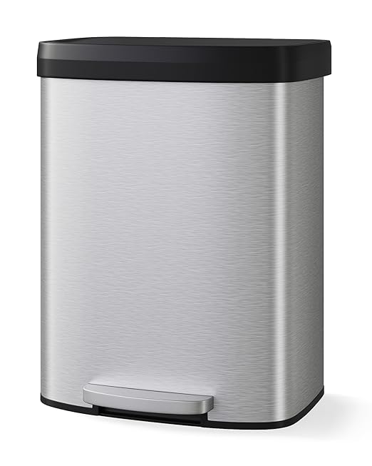 16 Gallon (60 l) Trash Can, Stainless Steel Kitchen Garbage Can, Recycling or Waste Bin with Liner Rim, Rear Handle, Soft Close Plastic Lid Step-on Pedal, Removable Inner Bucket