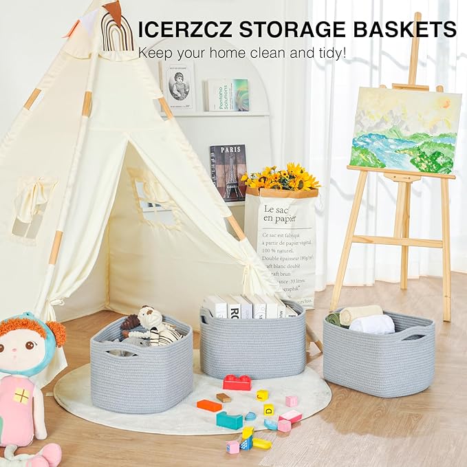 Storage Baskets for Organizing Shelves, Woven Cotton Rope Bins for Baby Nursery Organization, Book Toy Towel Organizer, 15"x11"x9.5", 3 Packs, Grey
