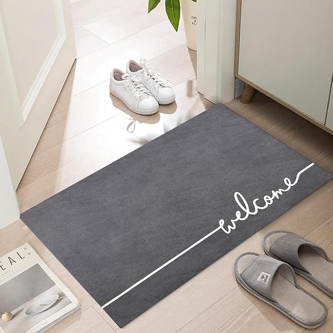 Welcome Mat Indoor, Ultra Thin Door Mat, 1/10 in Thin Door Mats for Inside Entry, Non-Slip Rubber Backing, Washable Doormat, Fade Resistant, Absorbent, Low Profile Dirt Trapper, 35"X24",Grey