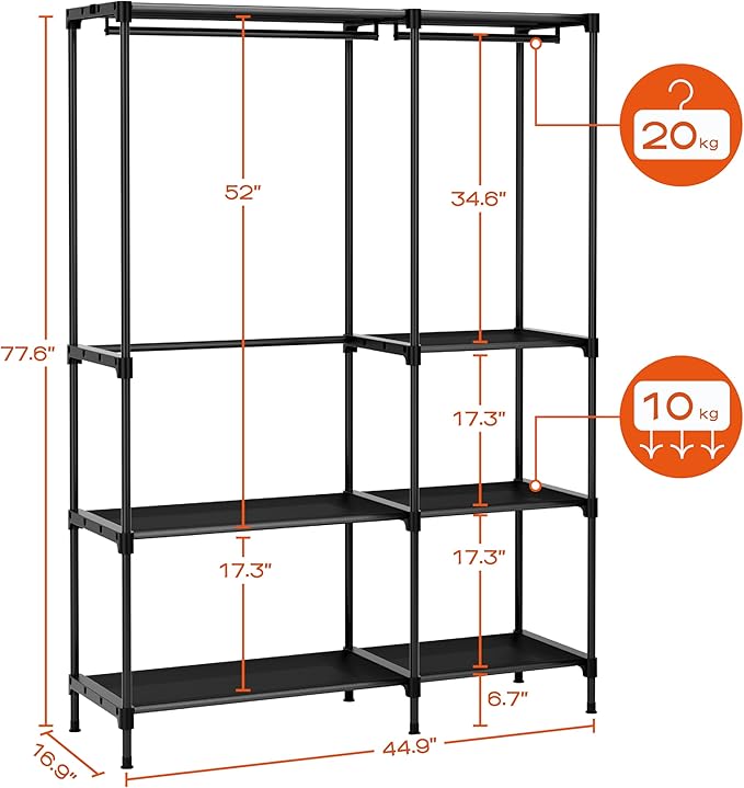 Clothes Rack, Portable Closet, 44.9 Inch Large Capacity Wardrobe Closet, Clothes Storage Organizer with Shelves and 2 Hanging Rods, Easy to Assembly, Black PCT021B01