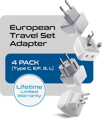 Ceptics European Plug Adapter 4 Pack Set, USA to Europe, Italy, Germany, England, Spain, Italy, Iceland, France (Type C, E/F, G, L) - for Your Cell Phones, Tablets, iPhone, Camera (CT-EU-4SET)