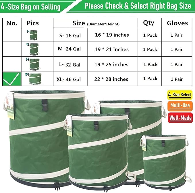 46-Gallon Collapsible Trash Can (22x28 in) Hard-Shell Bottom Yard Garden Bag for Yard Waste,Debris Container,Pop-Up Recycling Bin,Camping Waste Bag,Laundry Hamper,Lawn Grass,Leaf Bag,Sods,Weeds Barrel