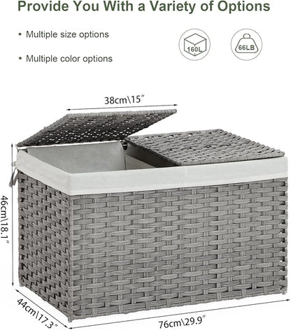 Storage Basket with Lid Wicker Baskets for Storage with 2 Separate Lid 42.3 Gallon (160 L) 29.9 x 17.3 x 18.1 Inches Rattan Woven Large Wicker Basket with 2 Liners for Bedroom Laundry Gray