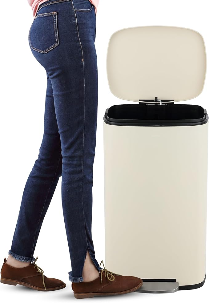 happimess HPM1011I Curtis 8-Gallon Step-Open Trash Can, Fingerprint Resistant, Modern, Minimalistic for Home, Kitchen, Laundry Room, Office, Bedroom, Bathroom, Limestone Beige