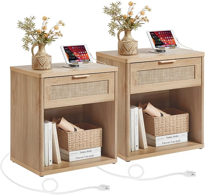LEYAOYAO Rattan Nightstands Set of 2 with Charging Station, 23" Wide Boho Night Stand with Drawer, Natural Wood Bedside Table Open Cabinet, Bed Side End Table Dresser for Bedroom, Living Room, Hallway