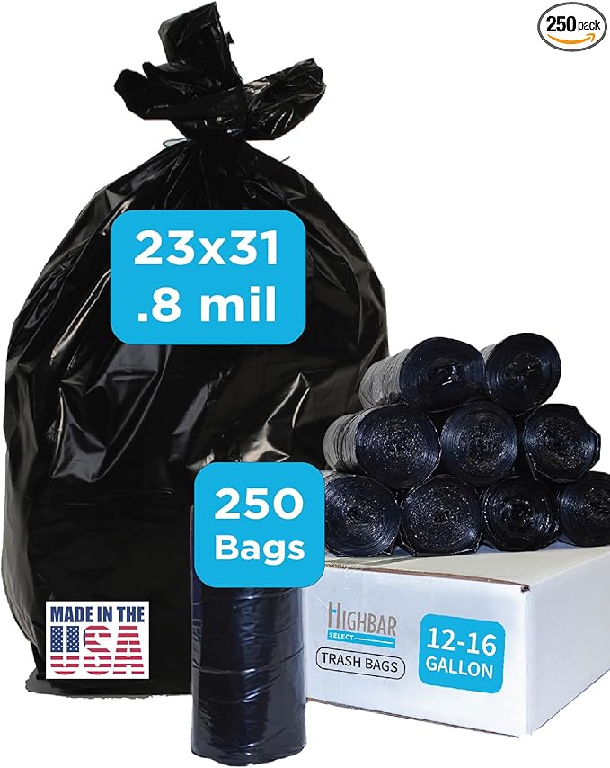 Home and Kitchen Durable Black Trash Bags, 12-16 Gallon, Strong and Puncture Proof Resins, 0.8 Mil Thick, Standard Wastebasket Size 23 x 31, Extra Tall, Office and Food Waste, 250 Count