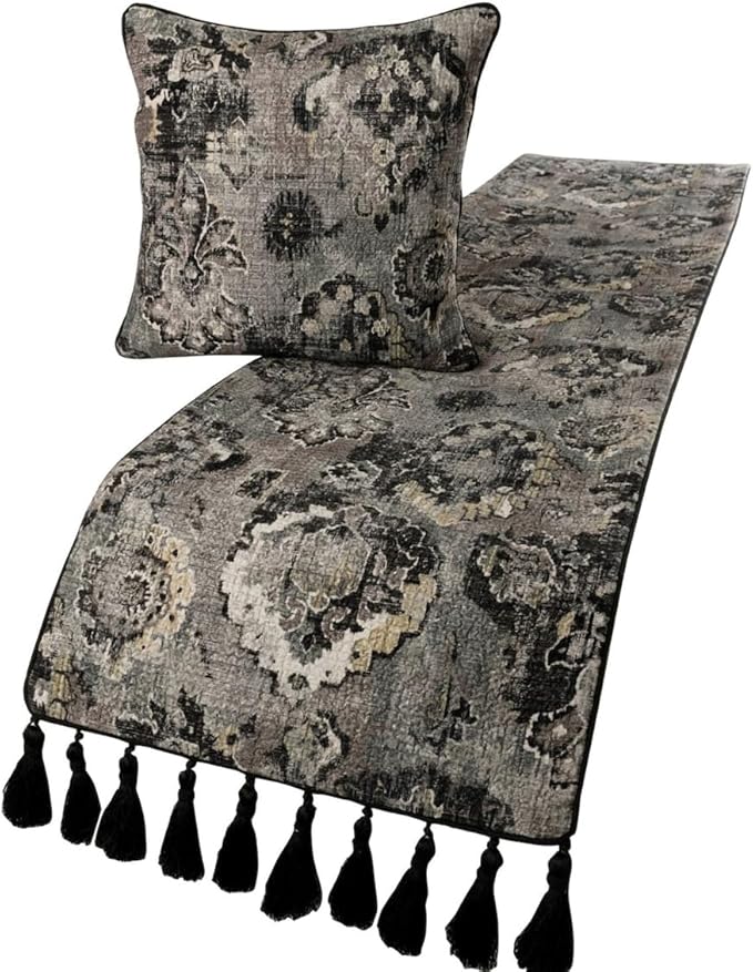 The HomeCentric Decorative Black & Grey Full 68 x 18 inch Bed Runner with 2 Pillow Cover Set, Velvet Damask with Tassels Bed Scarf, Abstract Modern - Paved Damask