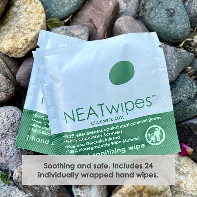 NEATwipes Hand Sanitizing Wipes | Travel Essentials | Disposable Wet Wipe & Planet Friendly | Cucumber Aloe Essential Oil | 10 Pouches of 24 Individually Wrapped Wipes