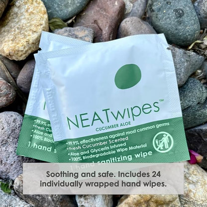 NEATwipes Hand Sanitizing Wipes | Travel Essentials | Disposable Wet Wipe & Planet Friendly | Cucumber Aloe Essential Oil | 10 Pouches of 24 Individually Wrapped Wipes