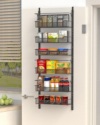 Over the Door Pantry Organizer, 6-Tier Over the Door Organizer with Adjustable Basket, Pantry Door Organization for Pantry Kitchen Storage Room Spice Rack, Black