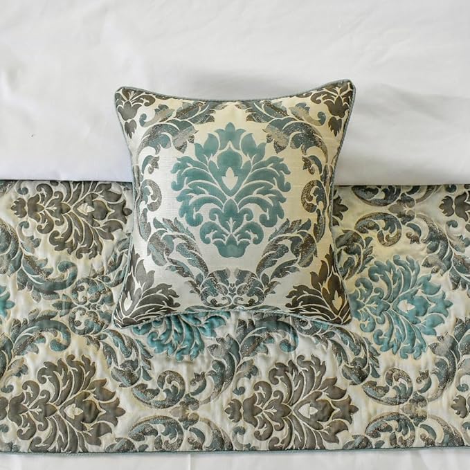 The HomeCentric King/Queen/Twin Blue Decorative King 90"x18" Bed Runner Without Pillow Cover, Damask Bed Scarf on Jacquard Fabric - Royal Elegance