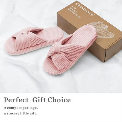 Chantomoo Slippers for Women Memory Foam House Bedroom Corduroy Bow Crossbands Slide Slipper Shoes Comfy Trendy Gift Slippers