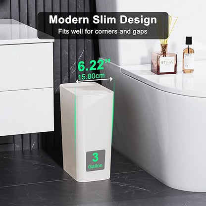 N. NETDOT 3 Pack Small Trash Can with lid, 3 Gallon Bathroom Trash Can,Garbage Can Slim Trash Bin Waste Basket for Bathroom,Kitchen,Bedroom,Living Room,Office,Laundry - Off White