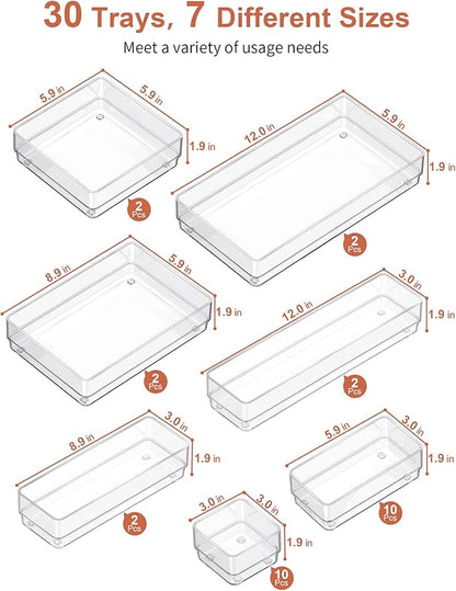 SMARTAKE 30-Piece Drawer Organizer with Non-Slip Silicone Pads, 7-Size Desk Drawer Organizer Trays Storage Tray for Makeup, Jewelries, Utensils in Bedroom Dresser, Office and Kitchen (Clear)