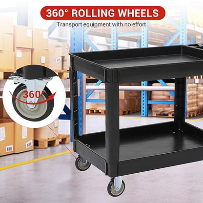 Utility Service Cart 2-Shelf 500 Lbs Capacity, Heavy Duty Rolling Cart with Two Trays and Brake Wheel for Warehouse, Garage, Cleaning, Manufacturing, Storage Handle, 45"X25" Black