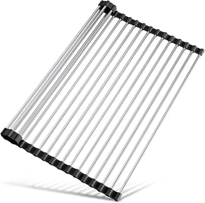 Tomorotec 17.7" x 15.5" Roll Up Dish Drying Rack Over Sink Drying Rack Sink Cover Kitchen Sink Accessories Gadget Multipurpose Organizer Foldable Stainless Steel Drainer