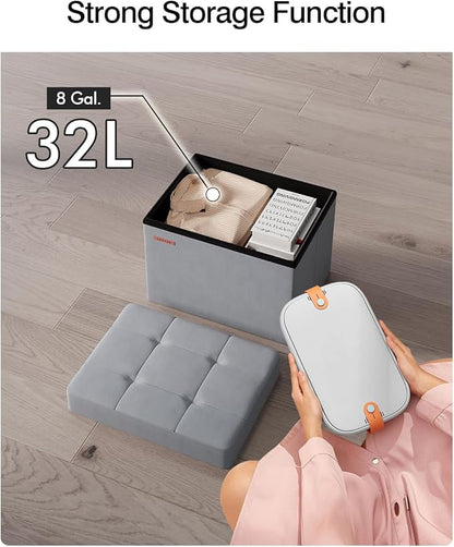 Folding Storage Ottoman, Velvet Storage Bench, Footrest, Foot Stool, for Living Room, Bedroom and Office,12.2 x 16.1 x 12.2 Inches, 200 kg Load Capacity, Dove Gray UASND03G
