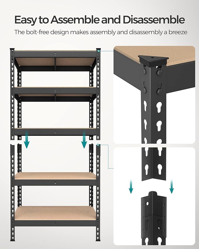SONGMICS 5-Tier Storage Shelves, Load 2310 lb, Set of 2 Garage Storage, Boltless Assembly, Adjustable Shelving Unit, 11.8 x 29.5 x 59.1 Inches, for Study Shed Basement, Black UGLR300B02