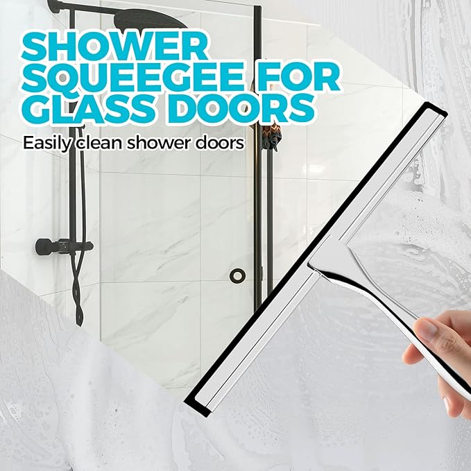2PACK 12-Inch All-Purpose Shower Squeegee for Shower Doors, Tile Shower Walls, Bathroom, Window, Glass and Car Windshield, Mirrors and Kitchen-Stainless Steel, Silver