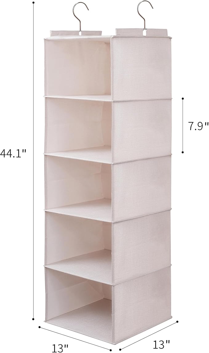 Large Hanging Sweater Organizer for Closet,Collapsible 6-Shelf Hanging Closet Shelves with Drawers, Washable (Beige -5 Shelf-2 d)