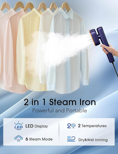 2-in-1 Steamer & Iron for Clothes,15s Fast Heat-up 1200W Portable Mini Clothes irons Handheld Garment Steamer, Travel Size with Large Ceramic Heat Panel, Quick Wrinkle Removal, 110V-240V