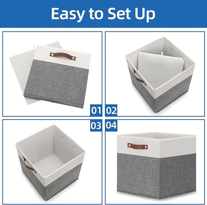 Temary 13x13 Storage Cubes 4 Pack Fabric Cube Storage Bins Large Storage Baskets with Leather Handles, Decorative Storage Boxes for Organizing Closet, Clothes, Foldable Cloth Baskets for Shelves