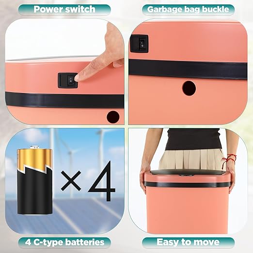 Automatic Motion Sensor Bathroom Trash Can with Lid, 13 Gallon Touchless Trash Bin, Smart Dog Proof Garbage Can, Touch Free Waste Basket for Toilet, Office, Bedroom,Pink