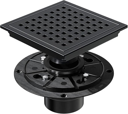 6 Inch Shower Drain Matte Black, Square Bathroom Floor Drain, Stainless Steel Drain Kit with Flange, Removable Grid Cover, Hair Strainer