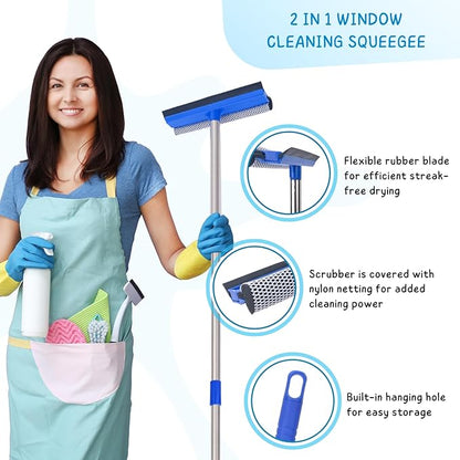 Window Squeegee for Home, 56'' Long Handle Shower Door Cleaner Tool, 2-in-1 Glass Scrubber for Car Windshield Cleaning