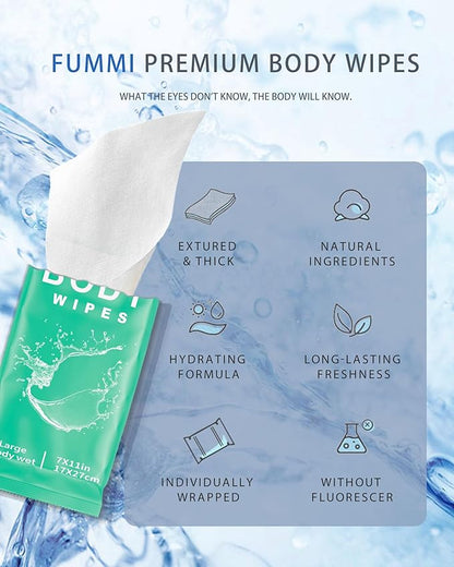 FUMMI 300 Pack Body Wipes – Large Individually Packaged Bath Wipes for Adults, Travel, Gym, Camping, Elderly, Bedridden – No Rinse Bath Wipes, Moisturizing & Refreshing Clean
