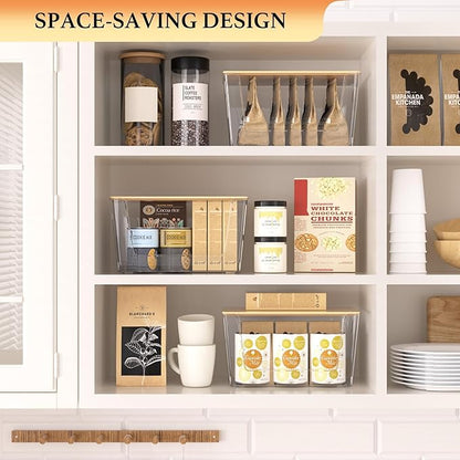 2 Set Pantry Organizers and Storage - Clear Stackable Bins with Bamboo Lid for Fruit, Onion, Potato, Vegetable - Trash Bag Holder Dispenser Under Sink Organizer for 4-13 Gal Bags