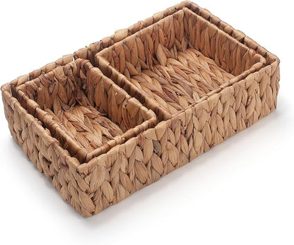 Water Hyacinth Rectangular Storage Basket for Organizing Natural Wicker Baskets for Shelves Pantry Bathroom Set of 3
