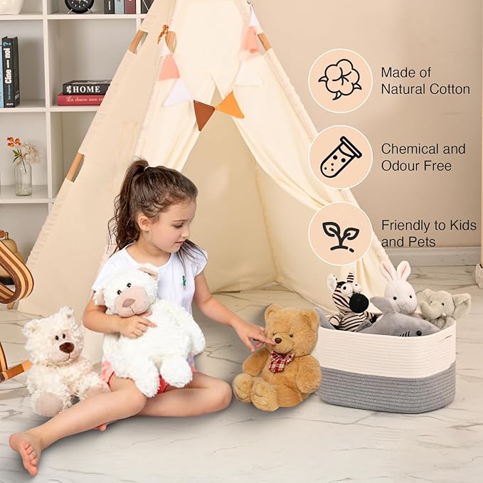Woven Cotton Rope Storage Basket for Organizing, Cute Decorative Baskets for Gifts Empty, Organizer Bins for Dog Toy, Baby Laundry, 15“×11”×9.5“, Off White & Grey