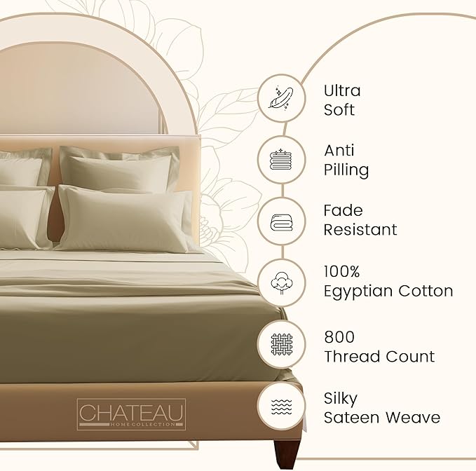100% Egyptian Cotton Bed Sheets, Certified 800 Thread Count Deep Pocket Queen Sheets For Queen Size Bed Sheet & Pillowcase Sets, Soft & Comfy Naturally Cool Luxury Bedding, Fits upto 17"- Linen