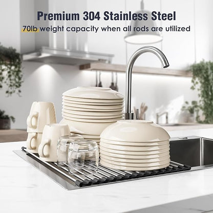 Tomorotec 17.7" x 12.5" Roll Up Dish Drying Rack Over Sink Drying Rack Sink Cover Kitchen Sink Accessories Gadget Multipurpose Organizer Foldable Stainless Steel Drainer