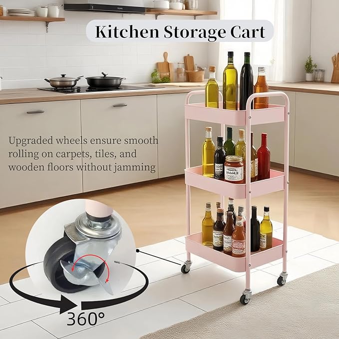 3 Tier Pink Rolling Cart for Nursery & Laundry Room with Handle & 4 Hooks, Metal Kitchen Storage Cart on Wheels and Lockable Casters, Large Capacity Sturdy Trolley for Lash Craft Bathroom