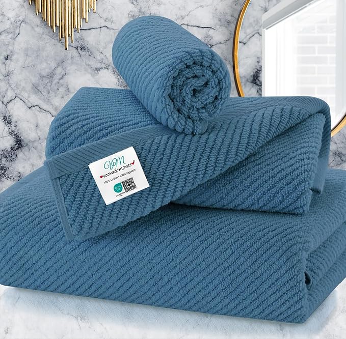 VOOVA & MOVAS Labrador Blue Towels for Bathroom, 100% Cotton | Quick Dry | Soft | Thick, 3 Piece Towel Set, 1 Large Bath 30" x 56", 1 Hand 18" x 28", 1 Wash Cloth 13" x 13", Bathroom Essentials