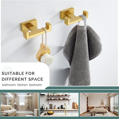 Angle Simple Double Towel Hook Brushed Gold 2 PCS, SUS304 Stainless Steel Bathroom Hand Towel Holder, Double Robe Hook for Wall