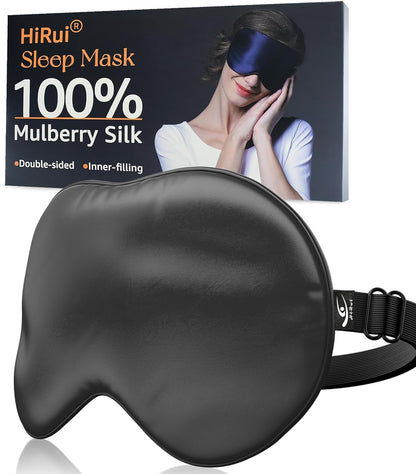 HiRui Silk Sleep Mask, 100% Natural Mulberry Silk of Double-Sided & Inner-Filling, Ultra-Smooth Soft, Adjustable Strap, Blocks Light for Night Sleeping, Travel, Office Naps (Black)