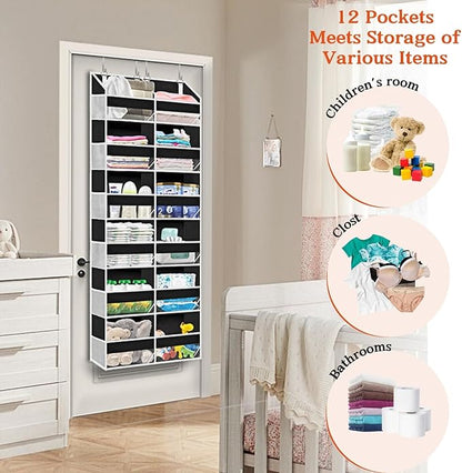 Over The Door Organizer 6 Tiers, Extra Large Behind Door Storage of 12 Compartments, 80 lbs Weight Capacity Hanging Storage Organizer with Clear Window Kids Toys, Shoes, Diapers, Room Storage,Black