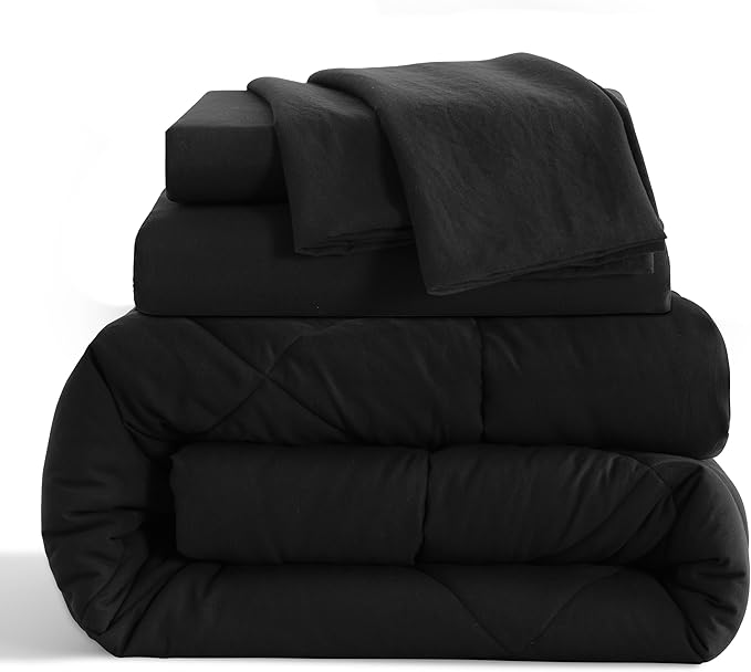 NTBAY Twin Comforter Set with Sheets, 5 Pieces Soft and Breathable Twin Bedding Set, Twin Bed in a Bag, Down Alternative Comforter Set Solid Color All Season, Kids Bedding Set, Black