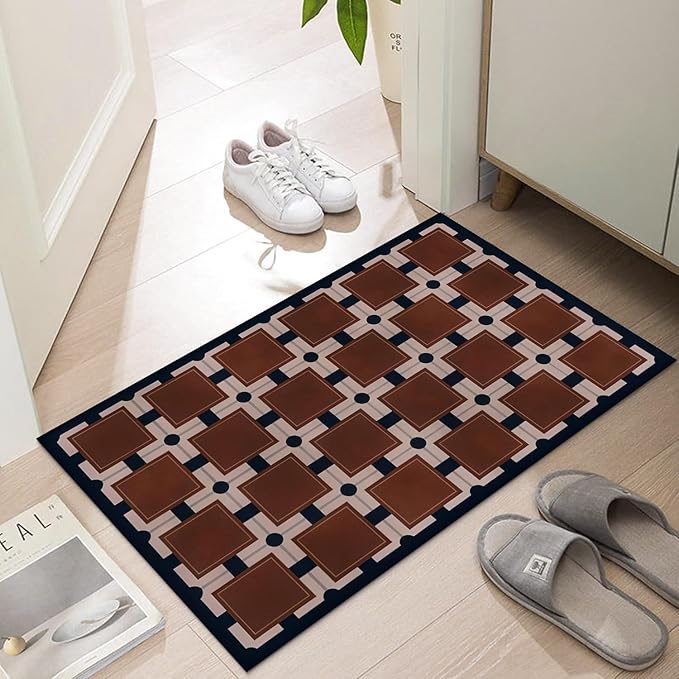 Ultra Thin Door Mat Indoor Entrance, 1/10 in Thin Door Mats for Inside Entry, Non-Slip Rubber Backing Washable Doormat, Fade Resistant, Absorbent, Low Profile Dirt Trapper, 30"X17",Brown Checkered